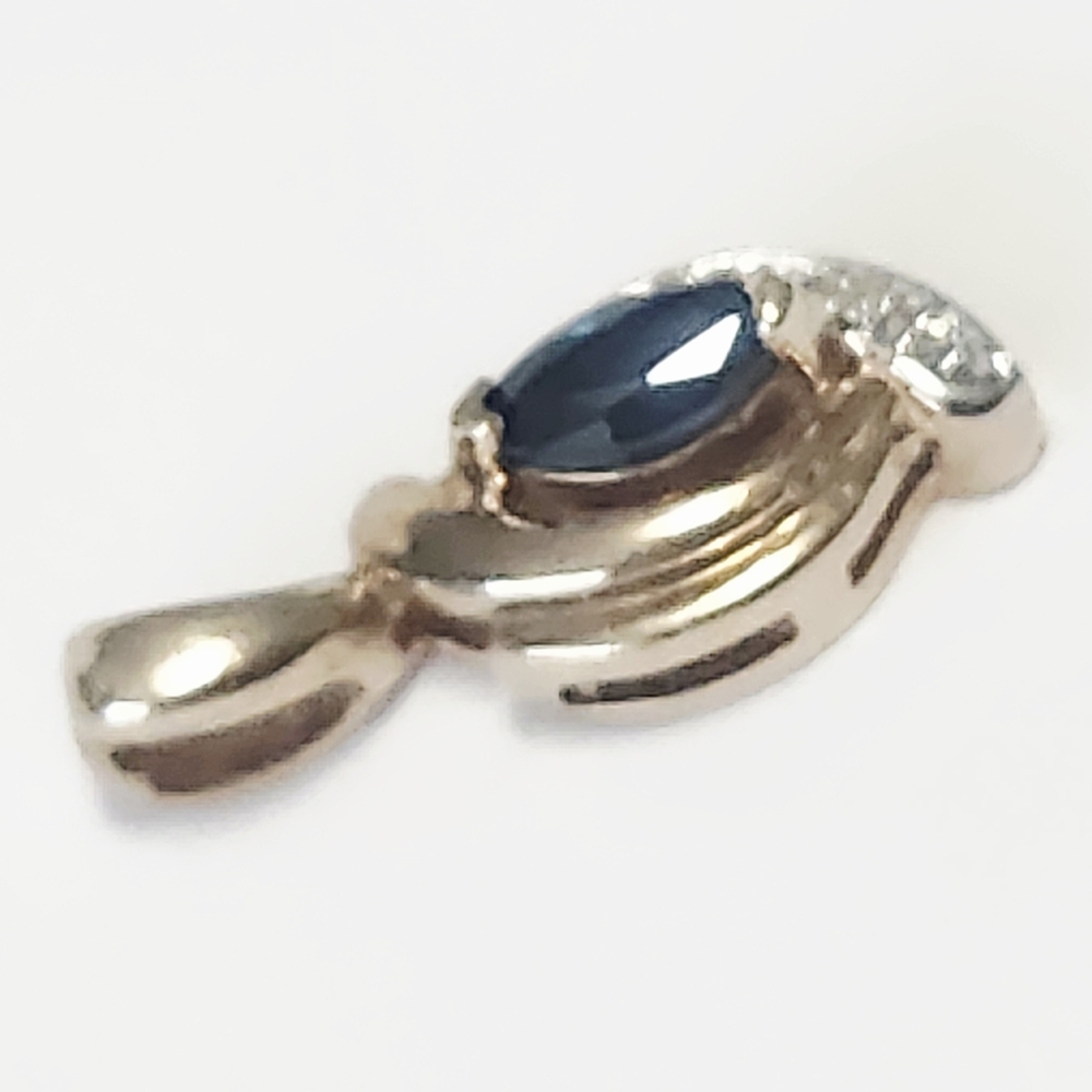 10K Sapphire Marquise & Diamond Yellow Gold Pendant - Picture 5 of 7